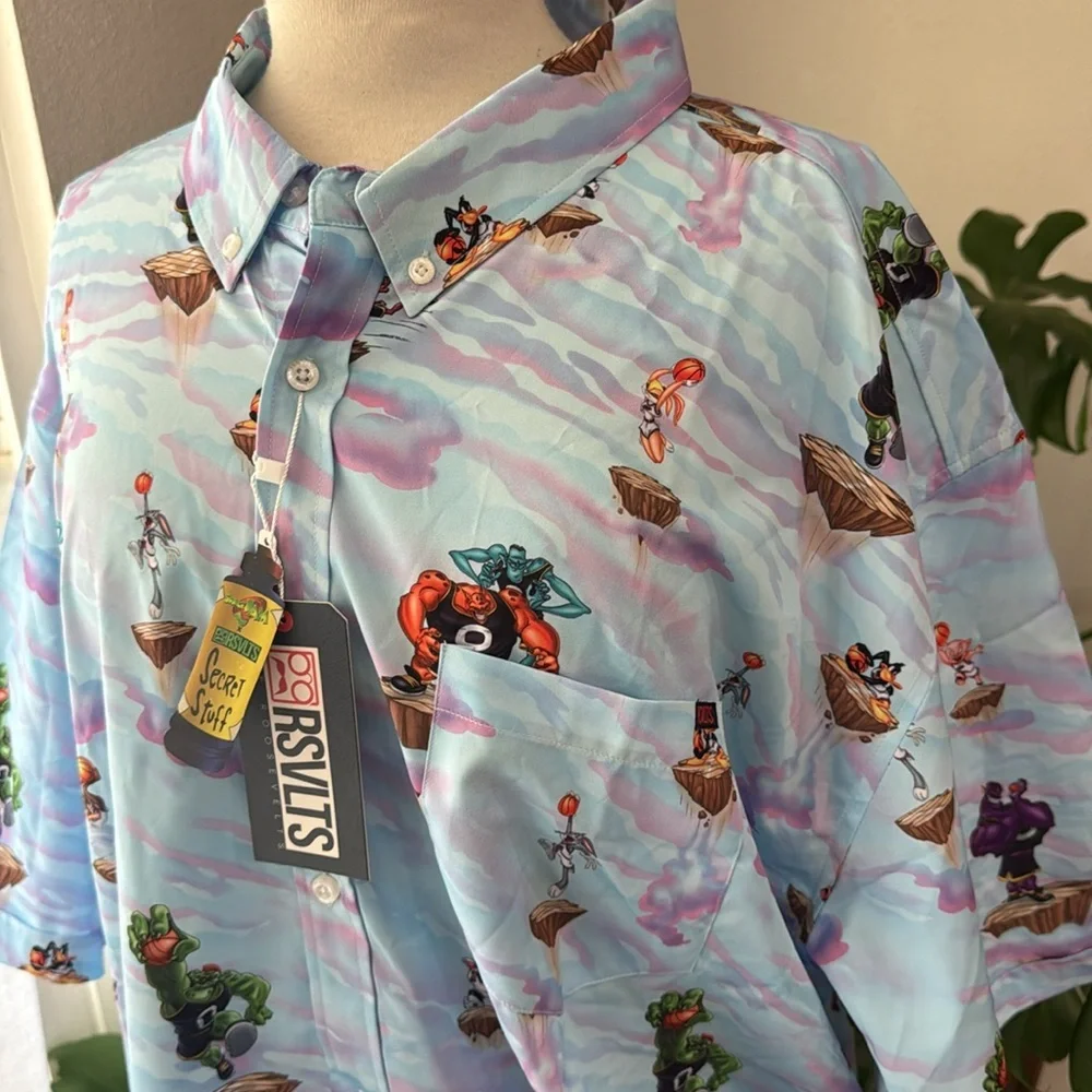 NWT‎ Space Jam RSVLTS button up Men's Blue Graphic Shirt